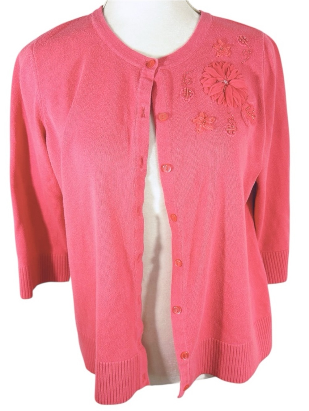 Christopher & Banks Coral Button Down 3/4 Sleeve Cardigan w/ Flower Detail-Large